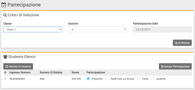 Partecipazione studenti Registro con indicazioni su presenza / assenza / ritardi ....